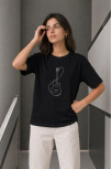 Kadın Minimal Gitar Baskılı Tişört T-shirt Yazlık Kısa Kol Bisiklet Yaka T-shirt - Siyah