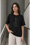 Kadın Minimal Gitar Baskılı Tişört T-shirt Yazlık Kısa Kol Bisiklet Yaka T-shirt - Siyah