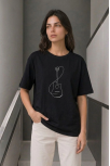 Kadın Minimal Gitar Baskılı Tişört T-shirt Yazlık Kısa Kol Bisiklet Yaka T-shirt - Siyah