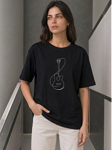 Kadın Minimal Gitar Baskılı Tişört T-shirt Yazlık Kısa Kol Bisiklet Yaka T-shirt - Siyah