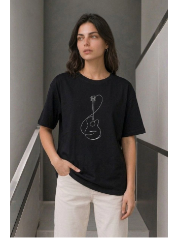 Kadın Minimal Gitar Baskılı Tişört T-shirt Yazlık Kısa Kol Bisiklet Yaka T-shirt - Siyah