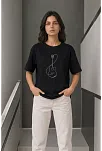 Kadın Minimal Gitar Baskılı Tişört T-shirt Yazlık Kısa Kol Bisiklet Yaka T-shirt - Siyah
