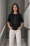 Kadın Minimal Gitar Baskılı Tişört T-shirt Yazlık Kısa Kol Bisiklet Yaka T-shirt - Siyah