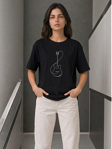 Kadın Minimal Gitar Baskılı Tişört T-shirt Yazlık Kısa Kol Bisiklet Yaka T-shirt - Siyah