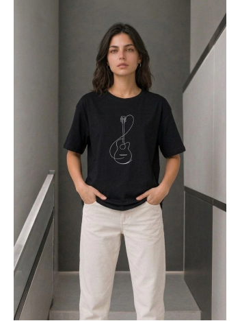 Kadın Minimal Gitar Baskılı Tişört T-shirt Yazlık Kısa Kol Bisiklet Yaka T-shirt - Siyah