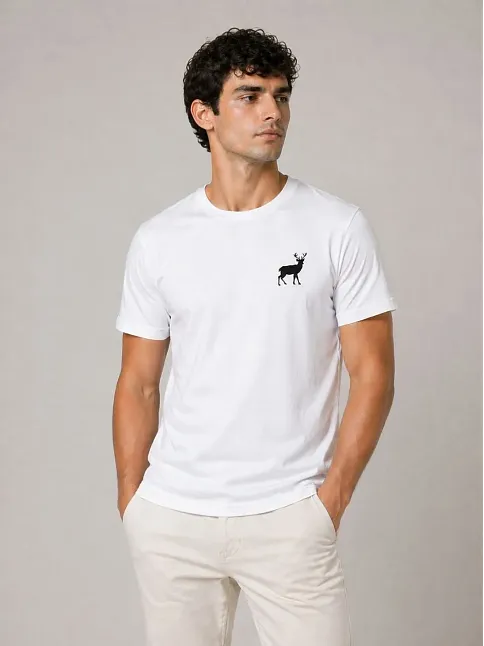 Erkek Minimal Geyik Logolu Tişört Bisiklet Yaka Kısa Kol Yazlık T-shirt - Beyaz