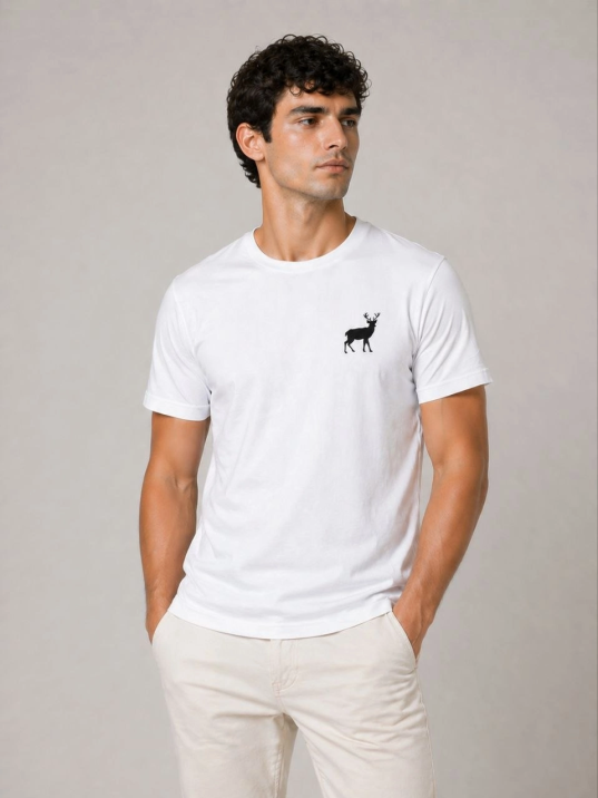 Erkek Minimal Geyik Logolu Tişört Bisiklet Yaka Kısa Kol Yazlık T-shirt - Beyaz