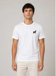 Erkek Minimal Geyik Logolu Tişört Bisiklet Yaka Kısa Kol Yazlık T-shirt - Beyaz