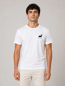 Erkek Minimal Geyik Logolu Tişört Bisiklet Yaka Kısa Kol Yazlık T-shirt - Beyaz