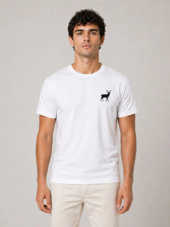 Erkek Minimal Geyik Logolu Tişört Bisiklet Yaka Kısa Kol Yazlık T-shirt - Beyaz