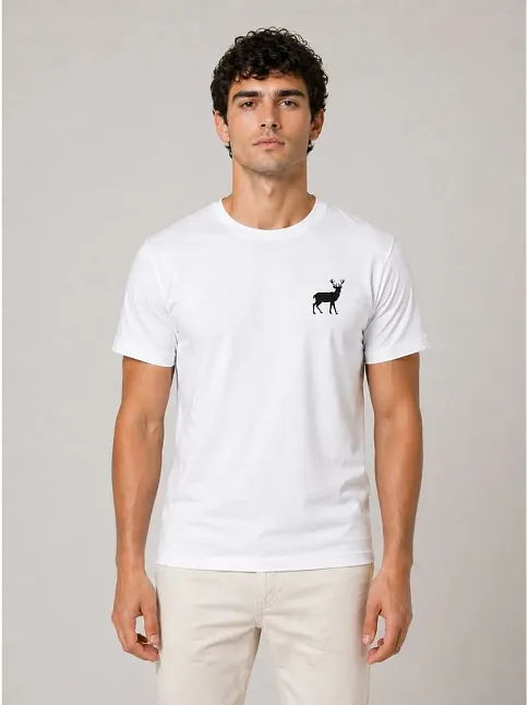 Erkek Minimal Geyik Logolu Tişört Bisiklet Yaka Kısa Kol Yazlık T-shirt - Beyaz