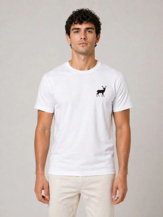 Erkek Minimal Geyik Logolu Tişört Bisiklet Yaka Kısa Kol Yazlık T-shirt - Beyaz