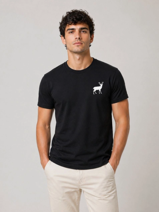 Erkek Minimal Geyik Logolu Tişört Bisiklet Yaka Kısa Kol Yazlık T-shirt - Siyah