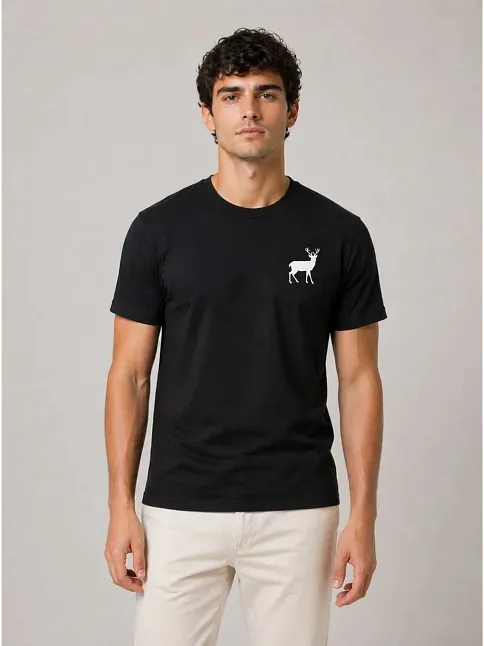Erkek Minimal Geyik Logolu Tişört Bisiklet Yaka Kısa Kol Yazlık T-shirt - Siyah
