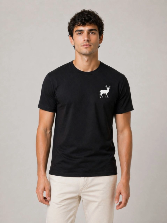 Erkek Minimal Geyik Logolu Tişört Bisiklet Yaka Kısa Kol Yazlık T-shirt - Siyah