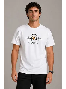 Erkek Müzik Temalı Baskılı Tişört Bisiklet Yaka Kısa Kol T-shirt - Beyaz