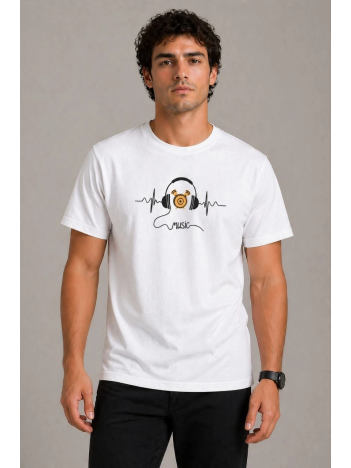 Erkek Müzik Temalı Baskılı Tişört Bisiklet Yaka Kısa Kol T-shirt - Beyaz