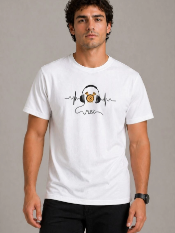 Erkek Müzik Temalı Baskılı Tişört Bisiklet Yaka Kısa Kol T-shirt - Beyaz