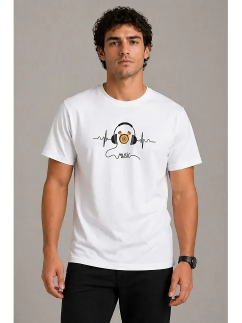 Erkek Müzik Temalı Baskılı Tişört Bisiklet Yaka Kısa Kol T-shirt - Beyaz Erkek Müzik Temalı Baskılı Tişört Bisiklet Yaka Kısa Kol T-shirt - Beyaz