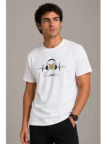 Erkek Müzik Temalı Baskılı Tişört Bisiklet Yaka Kısa Kol T-shirt - Beyaz