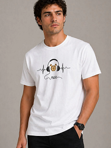 Erkek Müzik Temalı Baskılı Tişört Bisiklet Yaka Kısa Kol T-shirt - Beyaz