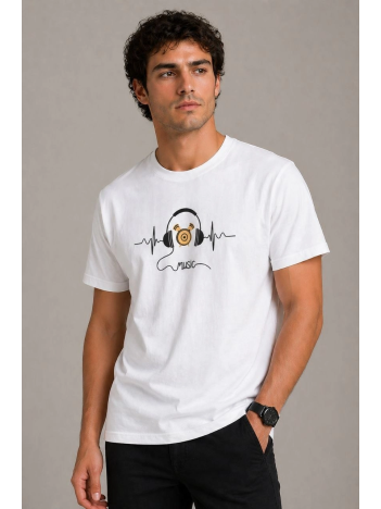 Erkek Müzik Temalı Baskılı Tişört Bisiklet Yaka Kısa Kol T-shirt - Beyaz