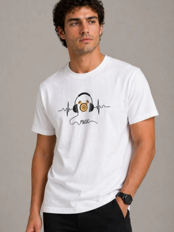 Erkek Müzik Temalı Baskılı Tişört Bisiklet Yaka Kısa Kol T-shirt - Beyaz
