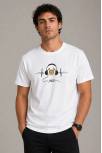 Erkek Müzik Temalı Baskılı Tişört Bisiklet Yaka Kısa Kol T-shirt - Beyaz