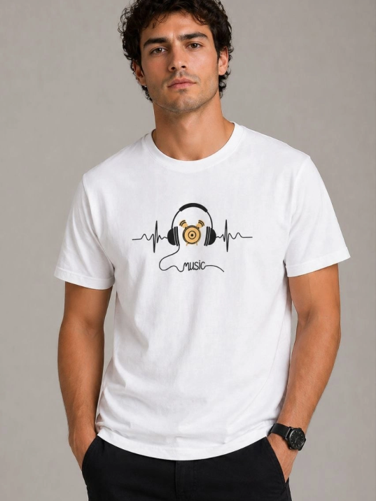 Erkek Müzik Temalı Baskılı Tişört Bisiklet Yaka Kısa Kol T-shirt - Beyaz