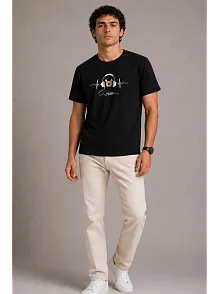 Erkek Müzik Temalı Baskılı Tişört Bisiklet Yaka Kısa Kol T-shirt - Siyah