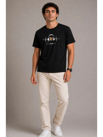 Erkek Müzik Temalı Baskılı Tişört Bisiklet Yaka Kısa Kol T-shirt - Siyah