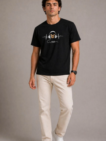 Erkek Müzik Temalı Baskılı Tişört Bisiklet Yaka Kısa Kol T-shirt - Siyah