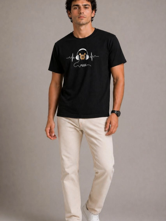 Erkek Müzik Temalı Baskılı Tişört Bisiklet Yaka Kısa Kol T-shirt - Siyah