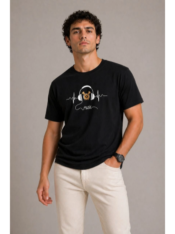 Erkek Müzik Temalı Baskılı Tişört Bisiklet Yaka Kısa Kol T-shirt - Siyah