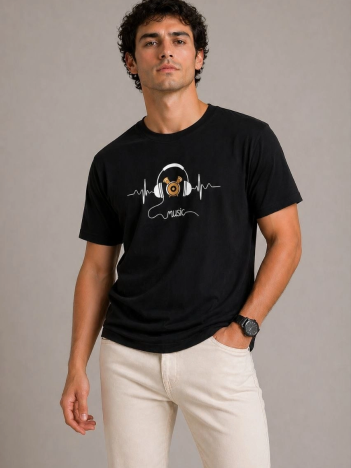Erkek Müzik Temalı Baskılı Tişört Bisiklet Yaka Kısa Kol T-shirt - Siyah