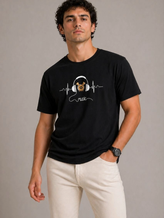 Erkek Müzik Temalı Baskılı Tişört Bisiklet Yaka Kısa Kol T-shirt - Siyah