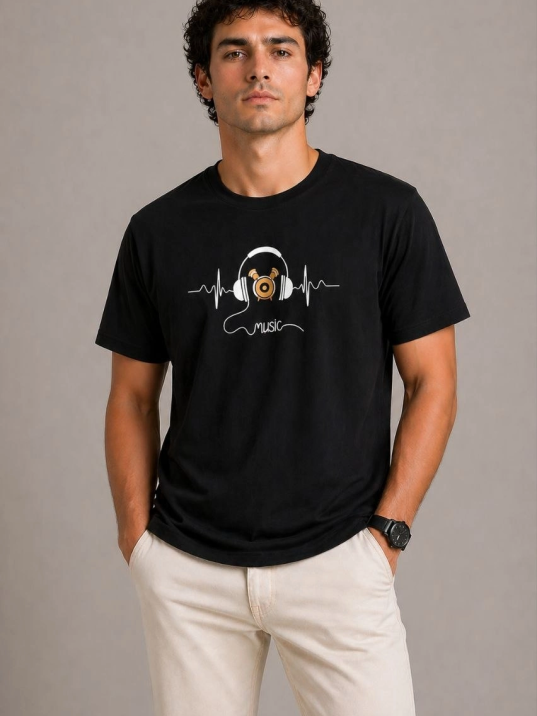 Erkek Müzik Temalı Baskılı Tişört Bisiklet Yaka Kısa Kol T-shirt - Siyah