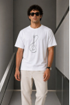 Erkek Minimal Gitar Baskılı Tişört T-shirt Yazlık Kısa Kol Bisiklet Yaka T-shirt - Beyaz
