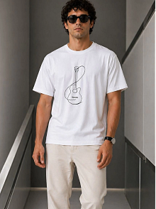 Erkek Minimal Gitar Baskılı Tişört T-shirt Yazlık Kısa Kol Bisiklet Yaka T-shirt - Beyaz