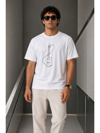 Erkek Minimal Gitar Baskılı Tişört T-shirt Yazlık Kısa Kol Bisiklet Yaka T-shirt - Beyaz