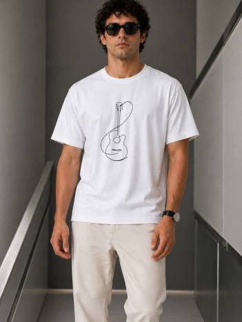 Erkek Minimal Gitar Baskılı Tişört T-shirt Yazlık Kısa Kol Bisiklet Yaka T-shirt - Beyaz