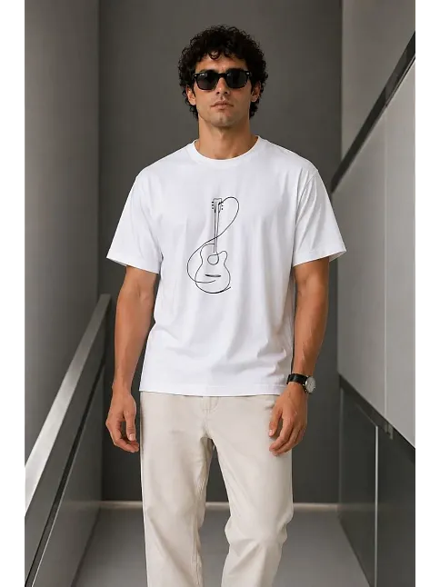 Erkek Minimal Gitar Baskılı Tişört T-shirt Yazlık Kısa Kol Bisiklet Yaka T-shirt - Beyaz