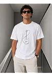 Erkek Minimal Gitar Baskılı Tişört T-shirt Yazlık Kısa Kol Bisiklet Yaka T-shirt - Beyaz