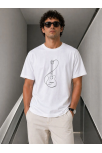 Erkek Minimal Gitar Baskılı Tişört T-shirt Yazlık Kısa Kol Bisiklet Yaka T-shirt - Beyaz