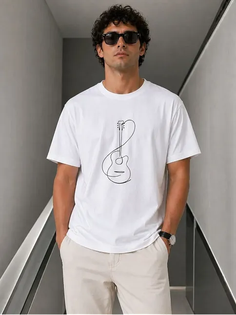 Erkek Minimal Gitar Baskılı Tişört T-shirt Yazlık Kısa Kol Bisiklet Yaka T-shirt - Beyaz