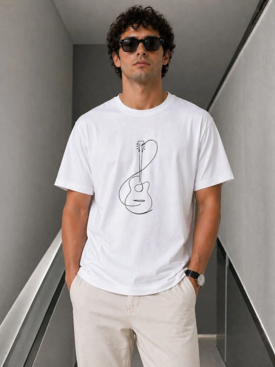 Erkek Minimal Gitar Baskılı Tişört T-shirt Yazlık Kısa Kol Bisiklet Yaka T-shirt - Beyaz