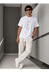 Erkek Minimal Gitar Baskılı Tişört T-shirt Yazlık Kısa Kol Bisiklet Yaka T-shirt - Beyaz
