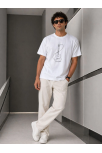 Erkek Minimal Gitar Baskılı Tişört T-shirt Yazlık Kısa Kol Bisiklet Yaka T-shirt - Beyaz