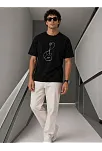 Erkek Minimal Gitar Baskılı Tişört T-shirt Yazlık Kısa Kol Bisiklet Yaka T-shirt - Siyah