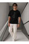 Erkek Minimal Gitar Baskılı Tişört T-shirt Yazlık Kısa Kol Bisiklet Yaka T-shirt - Siyah